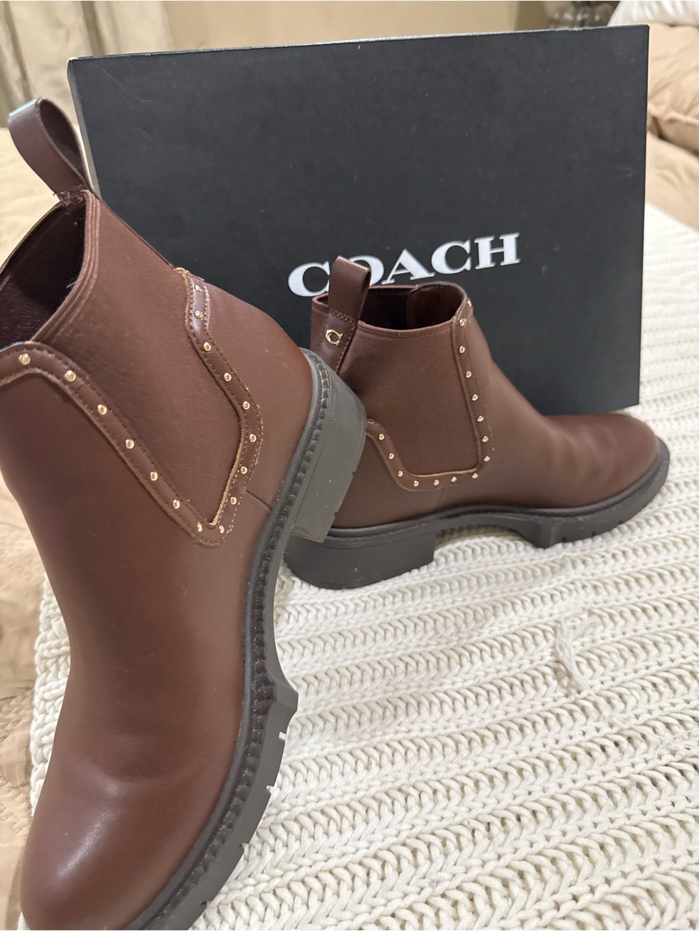Coach Brown Leather Studded Chelsea Ankle Boots